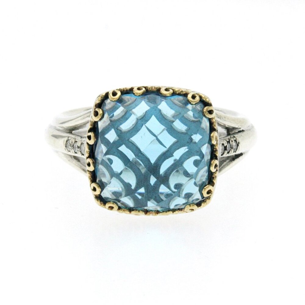 Gabriel & Co 925 Sterling Silver and 18k Gold Blue Topaz Diamond Ring Size 7